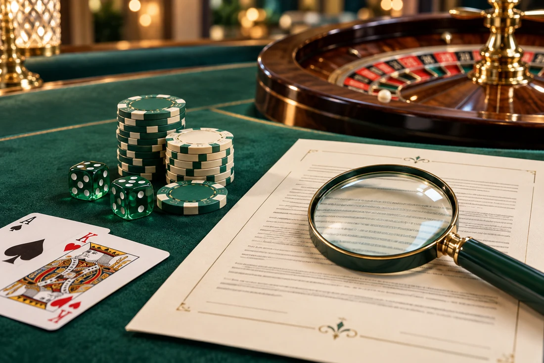 Casino chips, cards and a magnifying glass examining bonus conditions